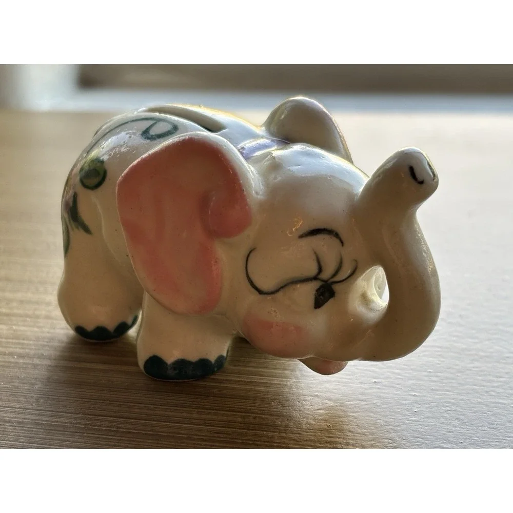 Vintage Whimsical Mini Elephant Nursery Piggy Bank Kitschy Ceramic Hand Painted
